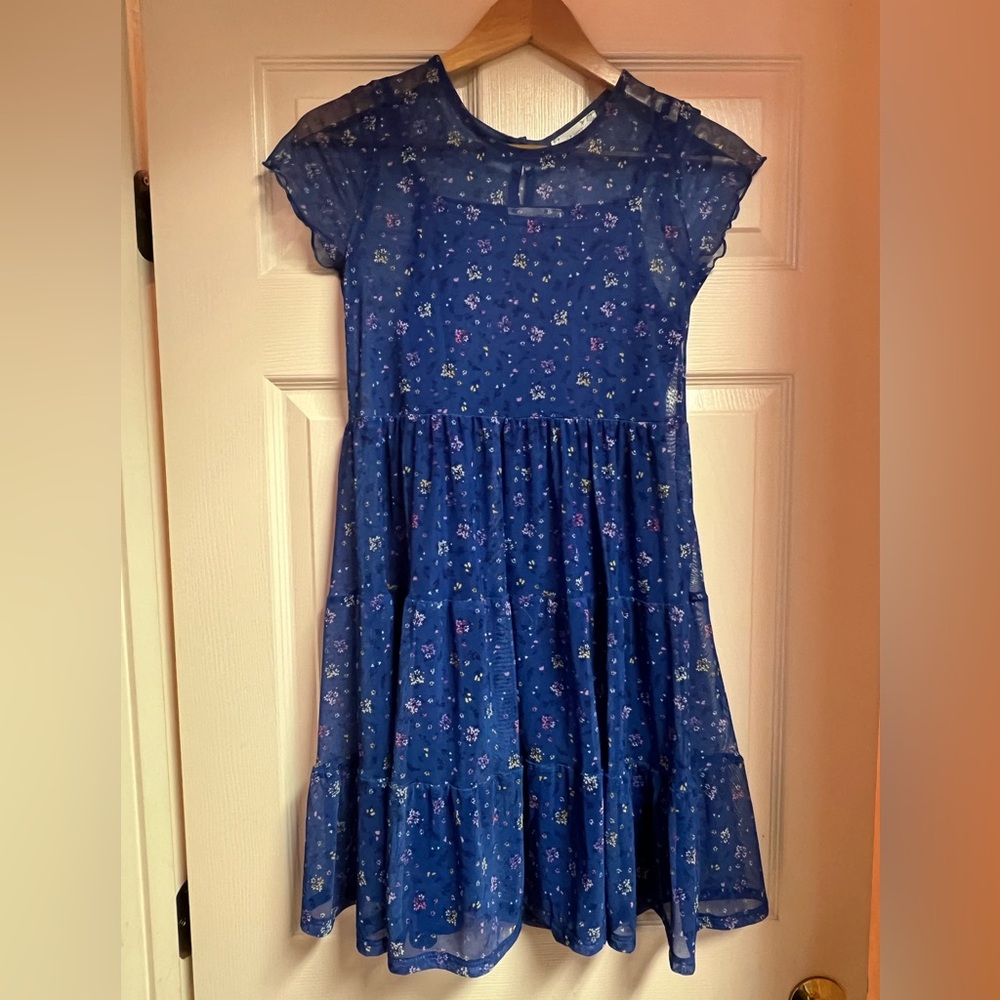 Knitworks: Blue mesh floral dress with blue slip. Size 16
